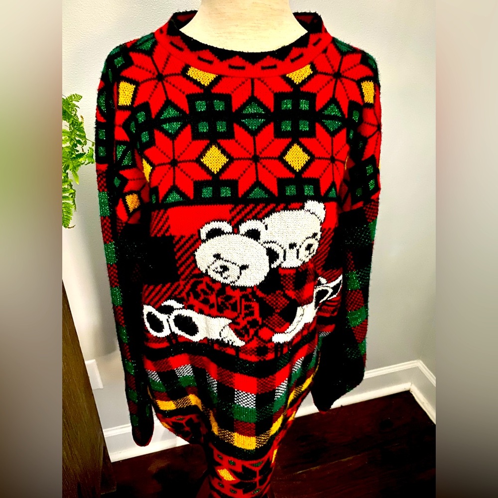 Vtg 80s 90s Ugly Christmas Sweater Teddy Bear‎ Plaid Holiday Time Womens M Red